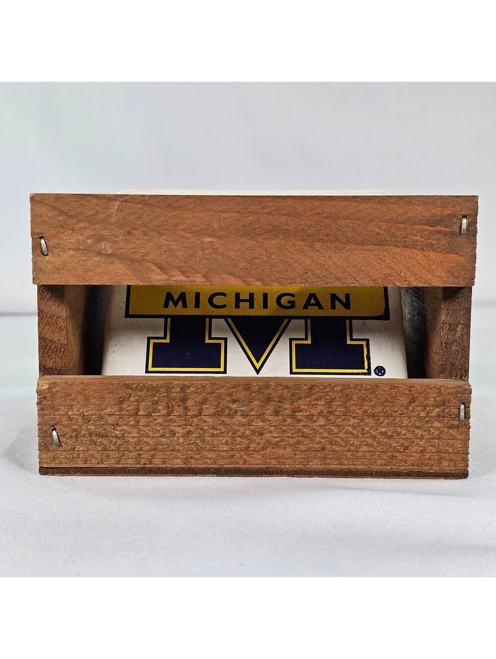 Vtg Michigan Wolverines Coaster Set of 4 w/ Rustic Wood Crate Holder Farm Fresh